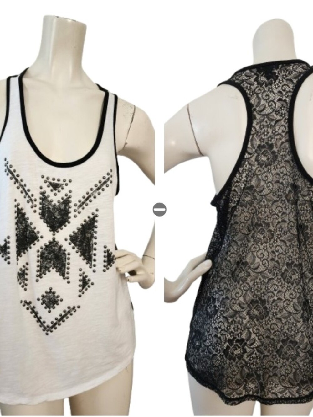 Express Studded Aztec Graphic & Lace Racerback Tank Top M Black White